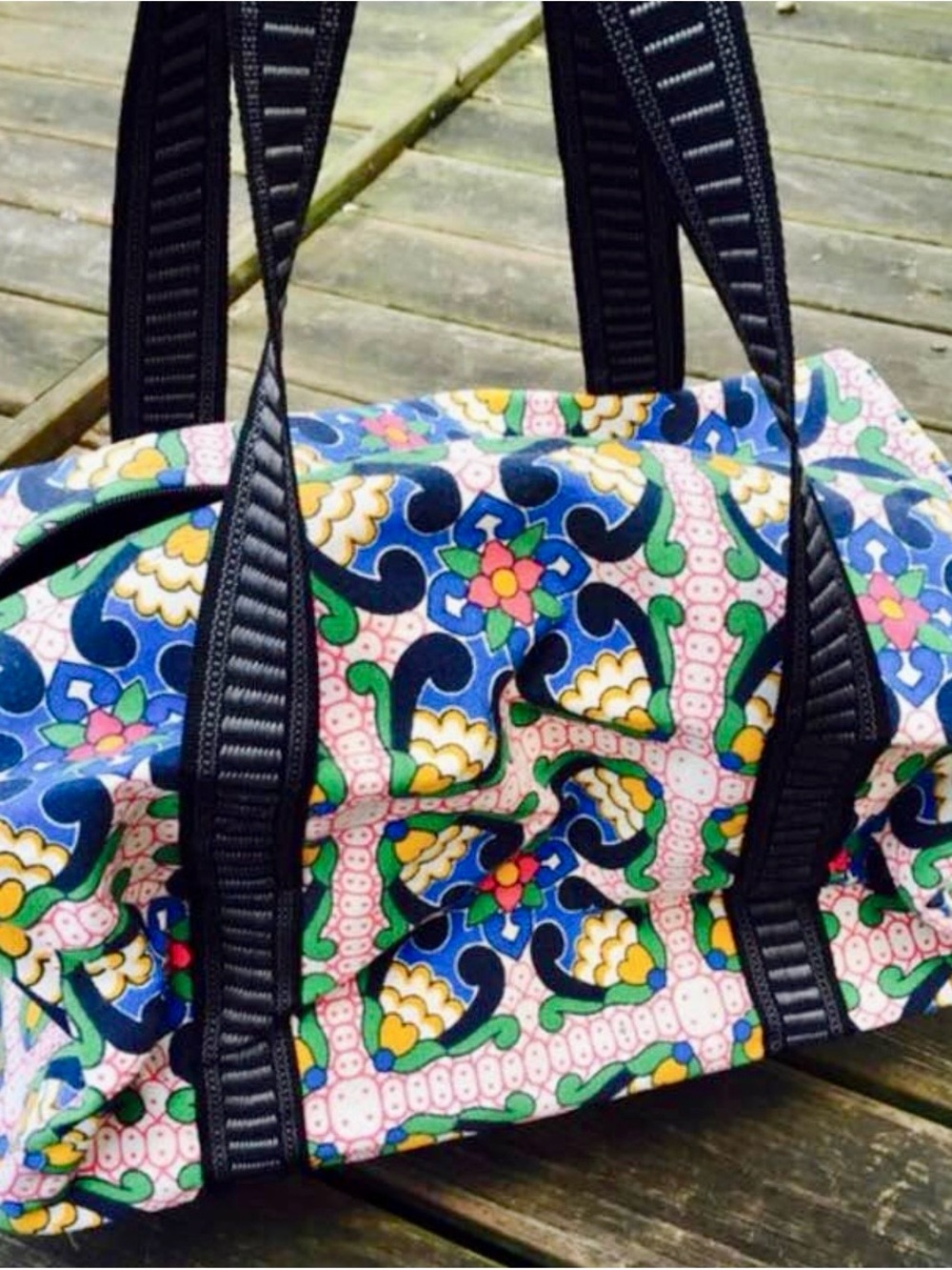 Colorful Floral Print Travel Tote Bag with Black Straps